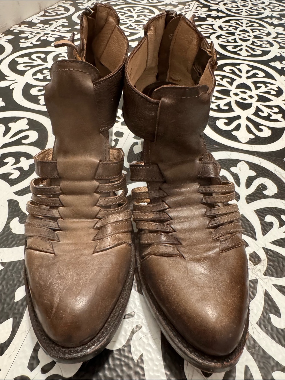 Freebird BLAKE by Steven - Brown Leather Strappy Heeled Boots Size 10-11, RARE!!